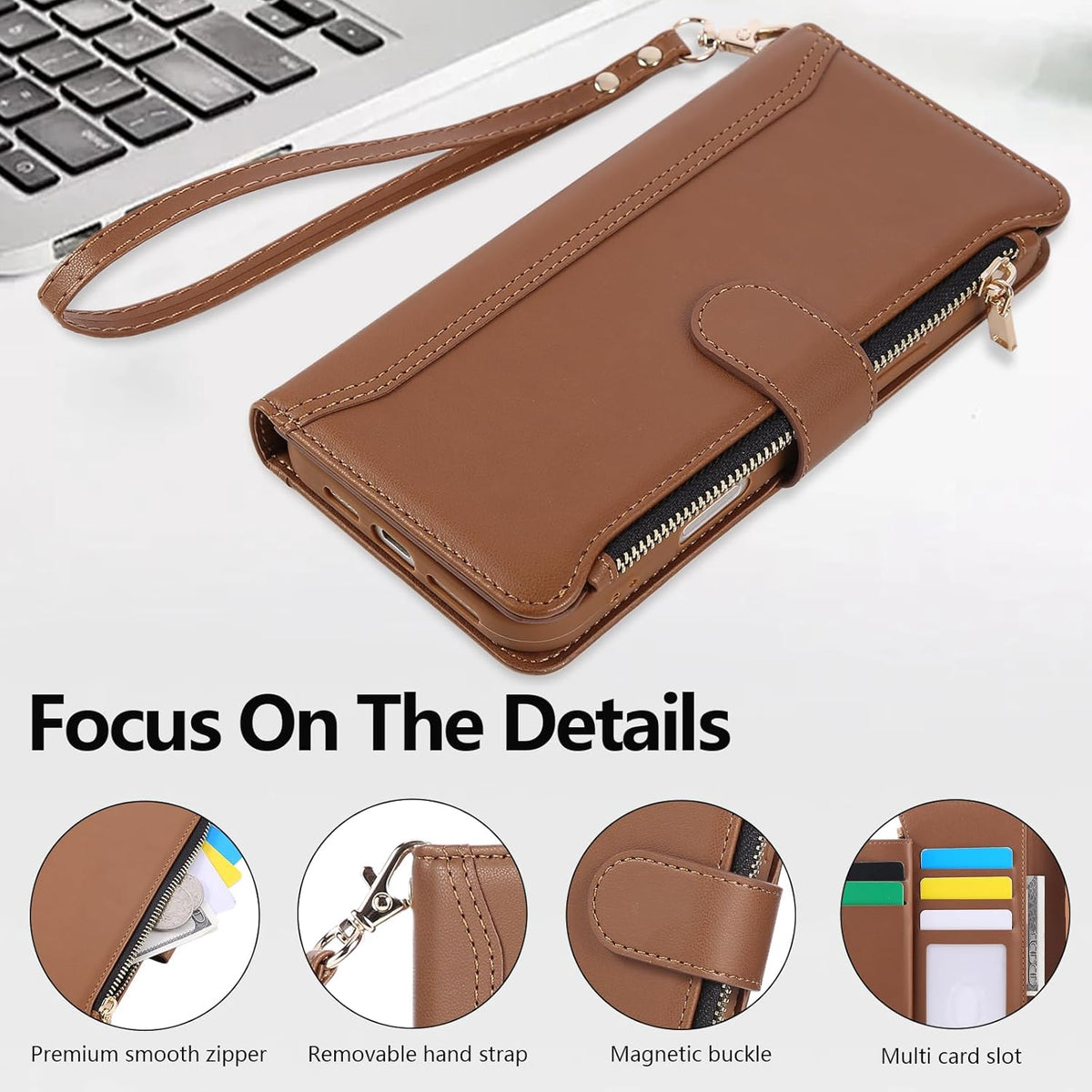 Compatible with iPhone 7/8/SE 2020/SE 2022 Wallet Case PU Leather Shockproof Protective Cover with Credit Card Slots, Zipper Pocket Detachable Wrist Strap,Unisex Design for Men/Women-Brown
