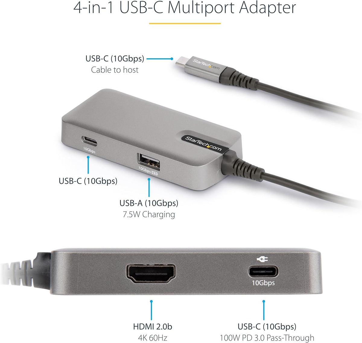 StarTech.com USB C Multiport Adapter - USB-C to 4K 60Hz HDMI 2.0, 100W Power Delivery Pass-Through - 3-Port 10Gbps USB Hub - Portable USB Type-C Mini Docking Station - 10" (25cm) Cable, TAA