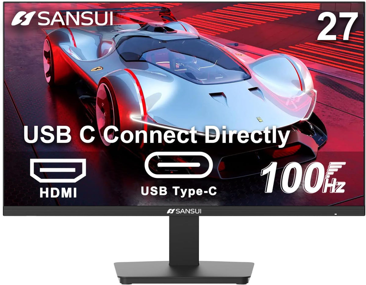 SANSUI Monitor 27 Inch 100Hz USB Type-C Computer Monitor, FHD 1920X1080P,Frameless Eye Care PC Office Monitor with HDMI, Adaptive Sync, HDR, VESA(100x100mm)（ES-27F2C HDMI Cable Included）
