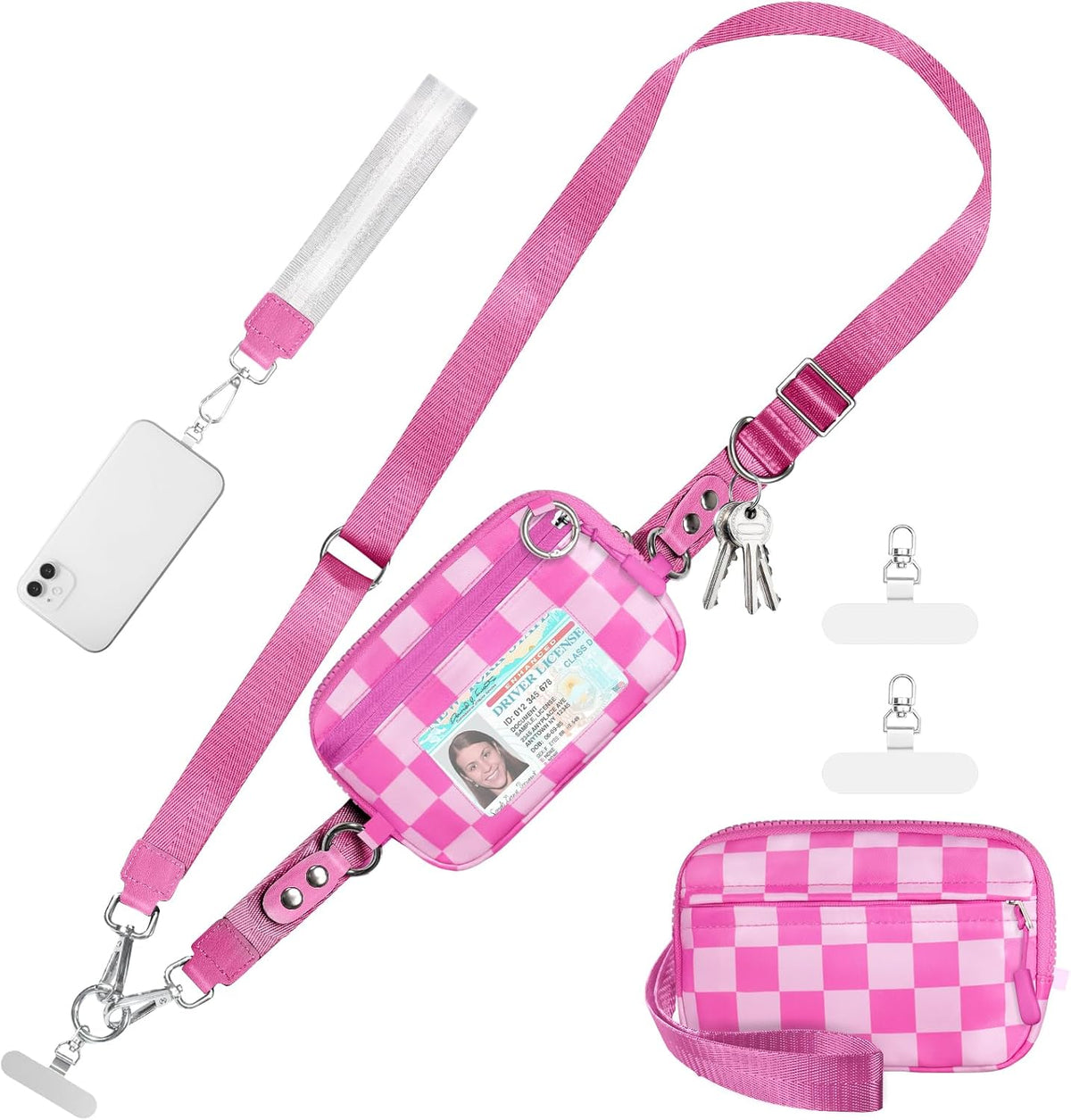 Clip and Go Strap for Phone with Wallet Crossbody Phone Lanyard Adjustable and Detachable RFID Wristlet Wallet with ID Window and Zipper, Pink Check