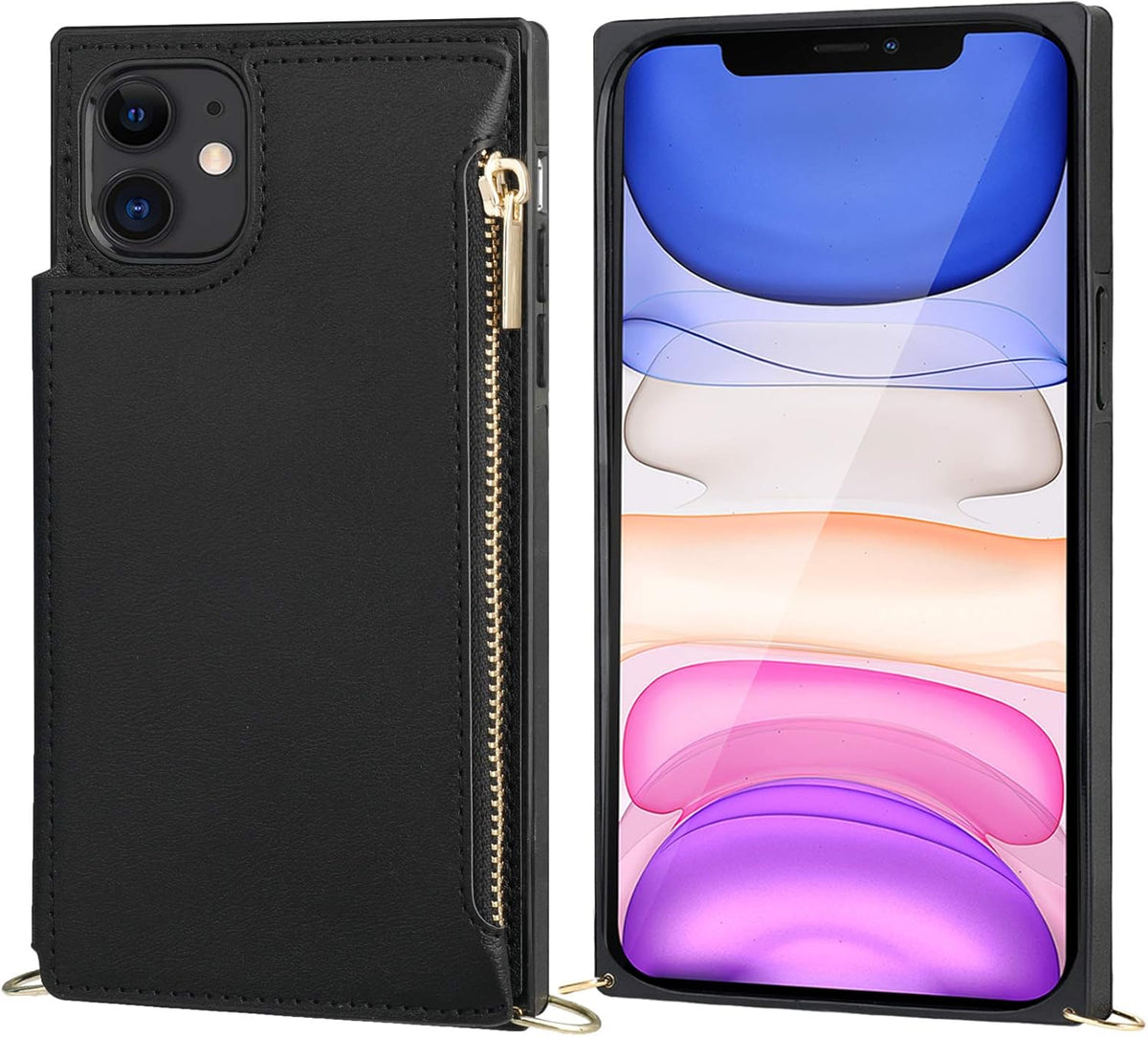 Bocasal Crossbody Wallet Case for iPhone 11 with Card Holder,Zipper Card Slot Protector Shockproof Purse Cover with Removable Cross Body Strap 6.1 Inch(Black)