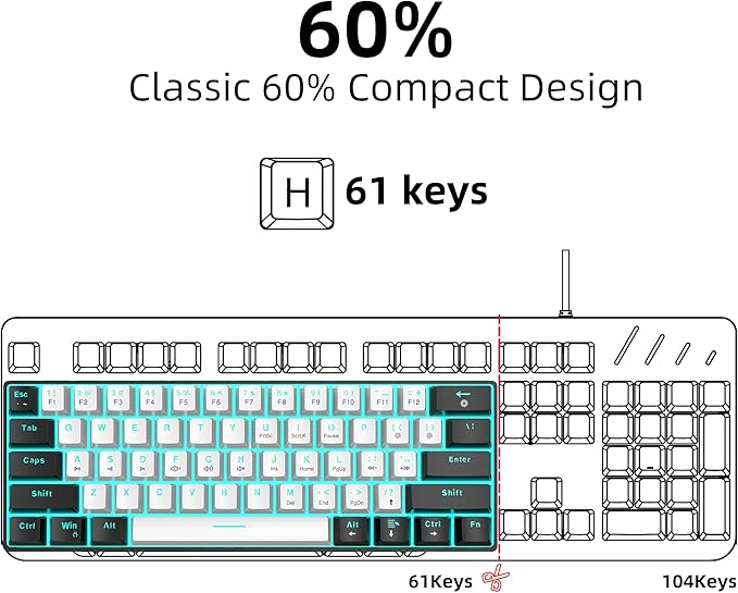 Snpurdiri 60% Wired Mechanical Gaming Keyboard Ice Blue LED Backlit 61 Keys Mini Wired Office Keyboard for Windows Laptop PC Mac (Black-White Red Switches)