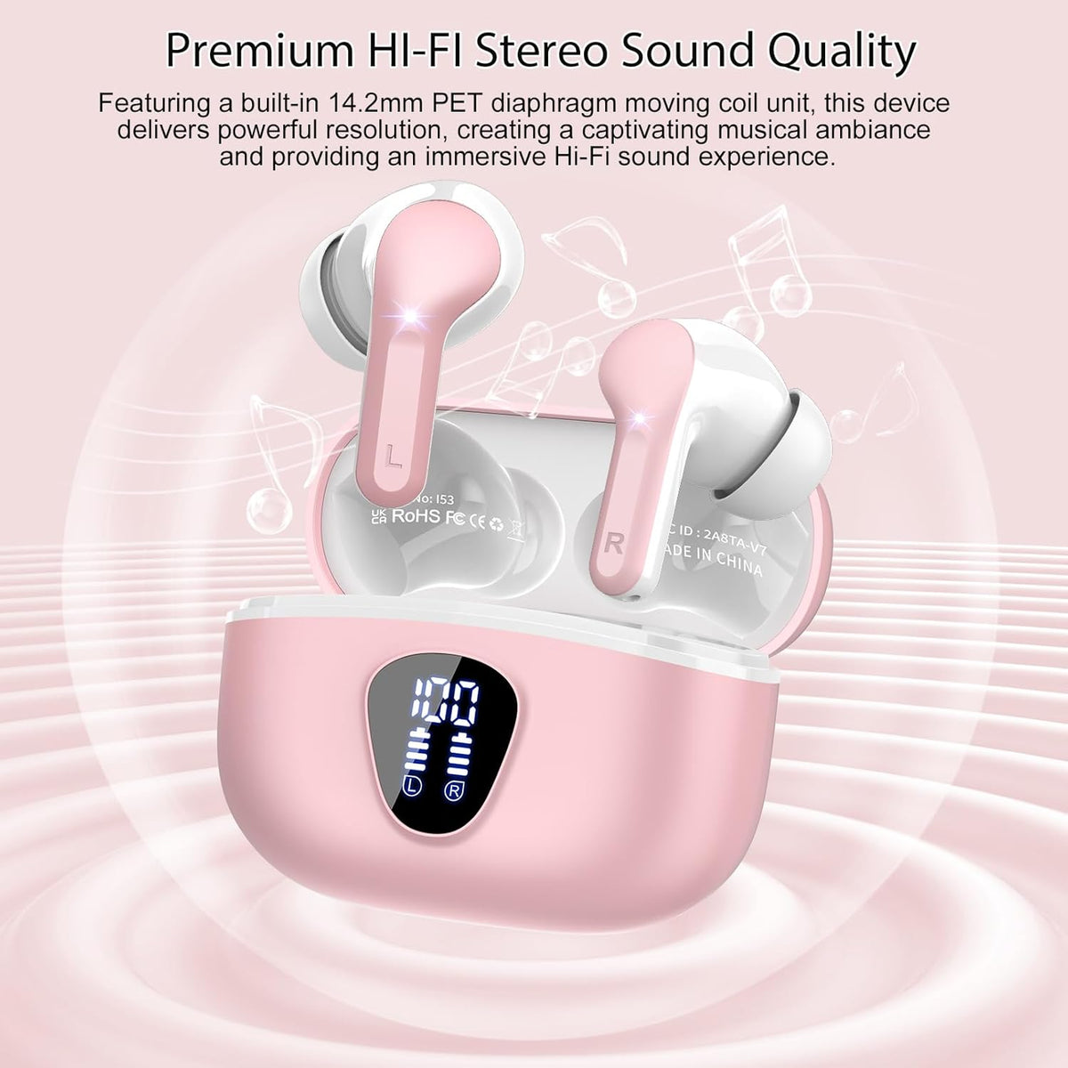 Wireless Earbuds, Bluetooth 5.4 Headphones HiFi Stereo, Bluetooth Earbuds with ENC Noise Cancelling Mic, IP7 Waterproof in Ear Earphones, 48H, LED Display Ear buds for Pad Phone Workout Sports, Pink
