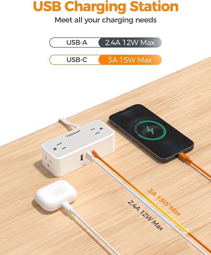 TESSAN Extension Cord 25 FT, Power Strip with 900J Surge Protection, Grey