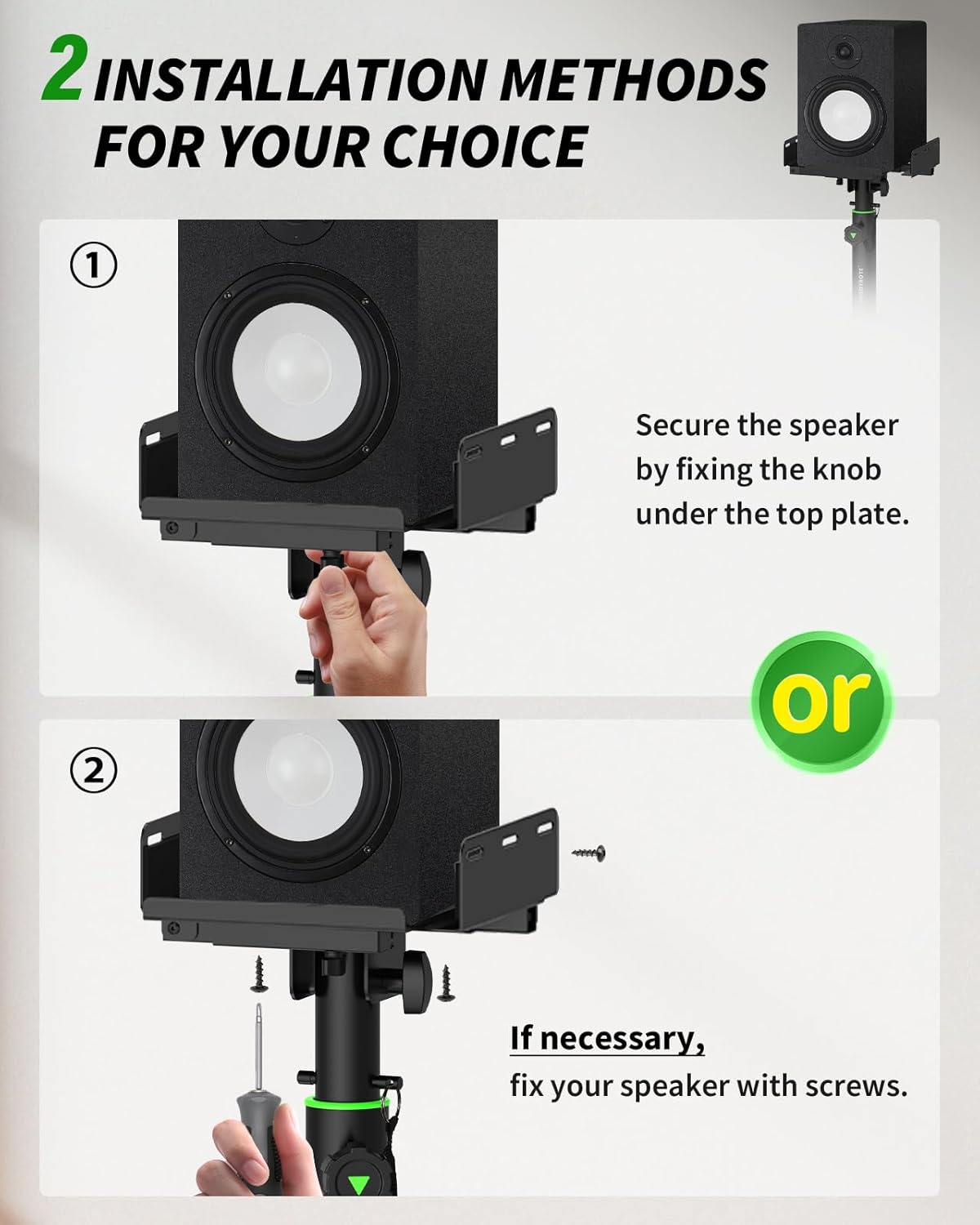 Set of 2 Dual Side Clamping Studio Monitor Stands Desk Clamp Speaker Stands 0-12°Tilt Height Adjustable Extendable Top Plate Mounted by Screws