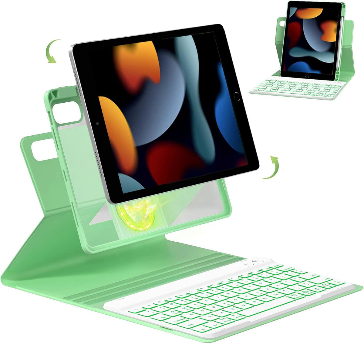 Keyboard Case for iPad 7th/8th/9th Generation 10.2'' 2019/2020/2021, 360° Rotatable Magnetic Keyboard Case with Pencil Holder Groove, 7 Color Backlit Wireless Detachable Keyboard (Green)