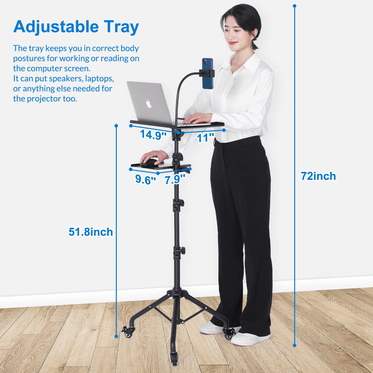 Tossbiss Laptop Tripod on Wheels with 2 Shelves, Portable Projector Floor Stand Adjustable Height 25.9 to 51.8 Inch with Phone Holder