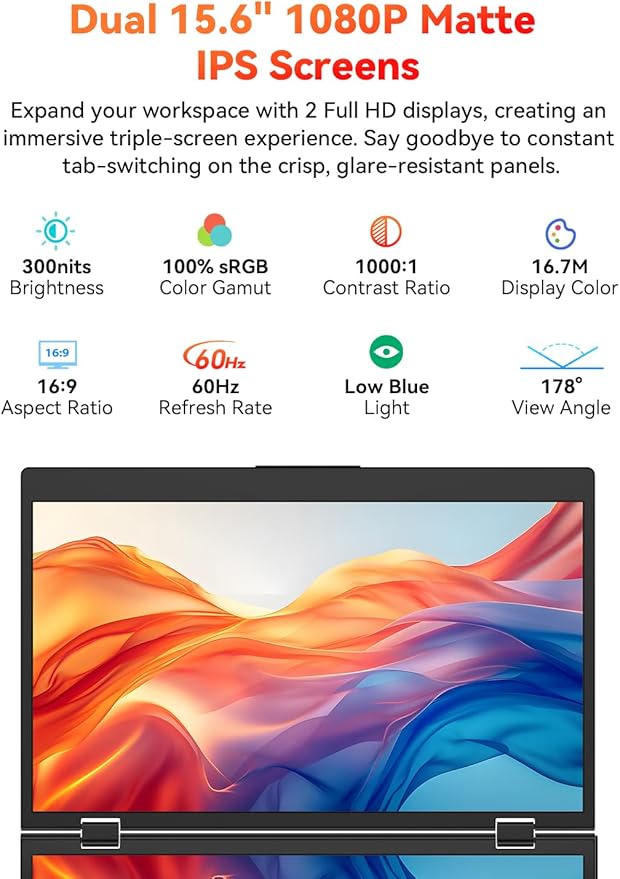 HotYeah Triple Laptop Screen Extender 15.6 1080P FHD IPS Folding Stacked Portable Dual Monitor USB-C Travel Extended Computer Display w/VESA 180° Rotation Plug &amp Play (Windows Only)
