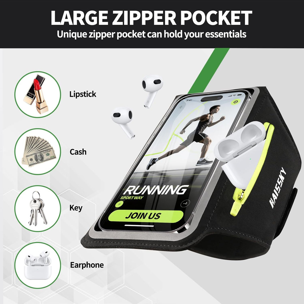 Running Armband with Earphone Bag for iPhone 16/15/14 Max/Pro/Plus & Galaxy S20/S10, Touchscreen Compatible, Phone Holder for Running with Card Slot & Key Pockets, Fit Up to 6.9 Phone