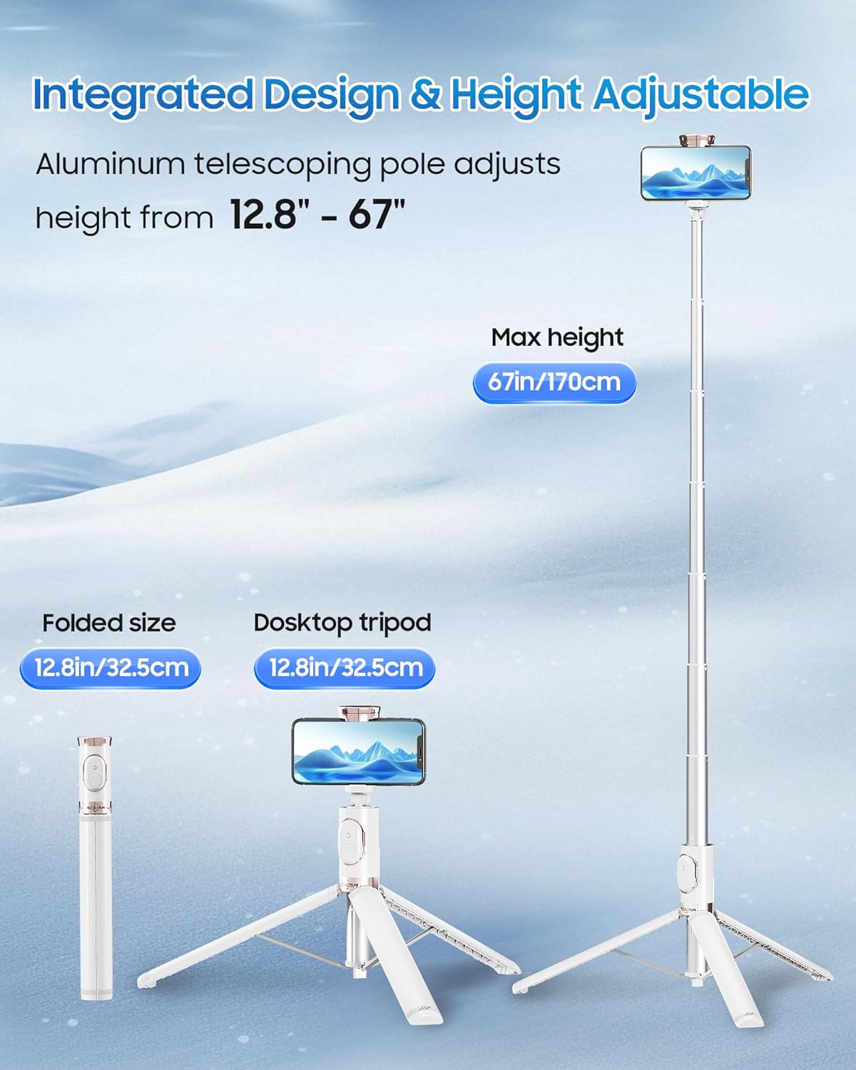 67" Selfie Stick Phone Tripod, All-in-1 Cell Phone Tripod with Wireless Remote, Extendable Compact Tripods Portable Travel Stand for iPhone Android Selfie/Video Recording/Live Stream/Vlog