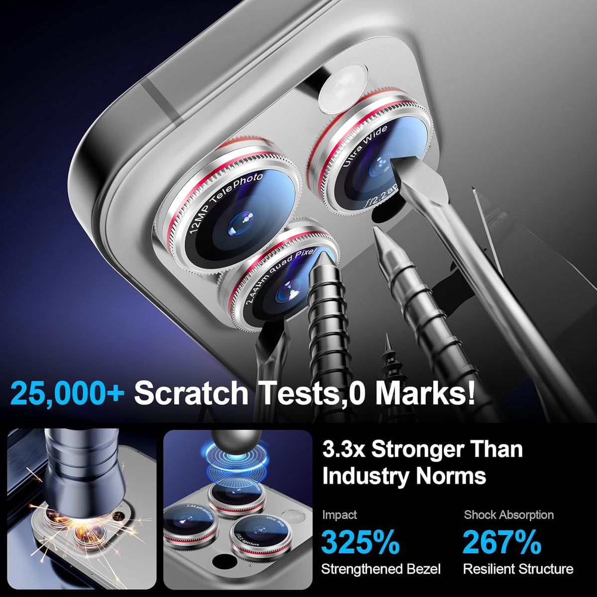 X-it 2 Pack Camera Lens Protector, Shatterproof Anti-Scratch Ultra HD Camera Protector, Anti-Glare Tempered Glass Lens Protector for iPhone 15 Pro Max/15 Pro/14 Pro Max/14 Pro, Case Friendly,SilverRed