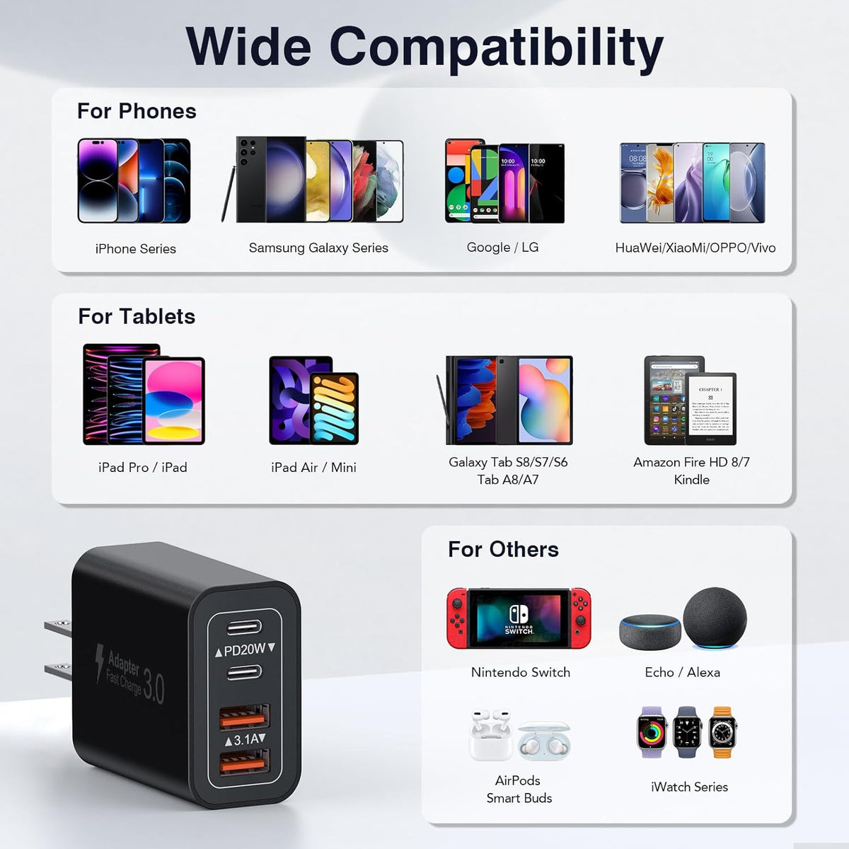[2 Pack/40W] 4-Port USB C Wall Charger Block, Fast Type C Power Brick Charging Cube Power Delivery Wall Plug for iPhone 15/14/13/12/14 Pro/13 Pro, Huawei, Xiaomi, Oneplus, Galaxy(Black)