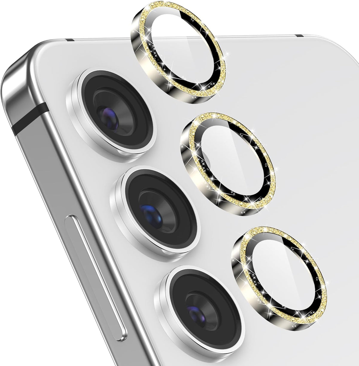 YWXTW Camera Lens Protector for Samsung Galaxy S24 / S23 / S23 Plus, [NOT for S24 Plus] 9H Tempered Glass Metal Individual Ring Camera Screen Protector for S24 Accessories (Gold Glitter)