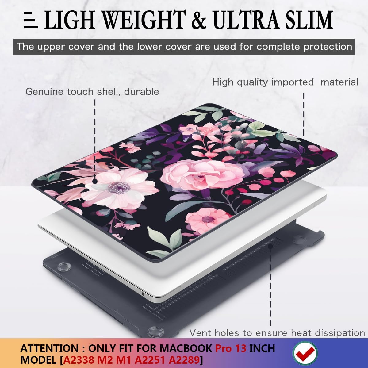 CISSOOK Compatible with MacBook Pro 13 inch Case M2 M1 2025-2016 Release Model A2338 A2251 A2289 A2159 A1989 A1706, Flower Plastic Hard Shell Case Black Cover for MacBook Pro 13 - Pink Flowers