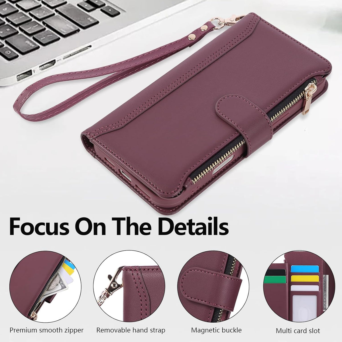 Compatible with iPhone 12/12 Pro Wallet Phone Case-PU Leather Magnetic Flip Cover with Credit Card Slots,Zipper Pocket & Detachable Wrist Strap,Shockproof Design,for Women and Men-Claret