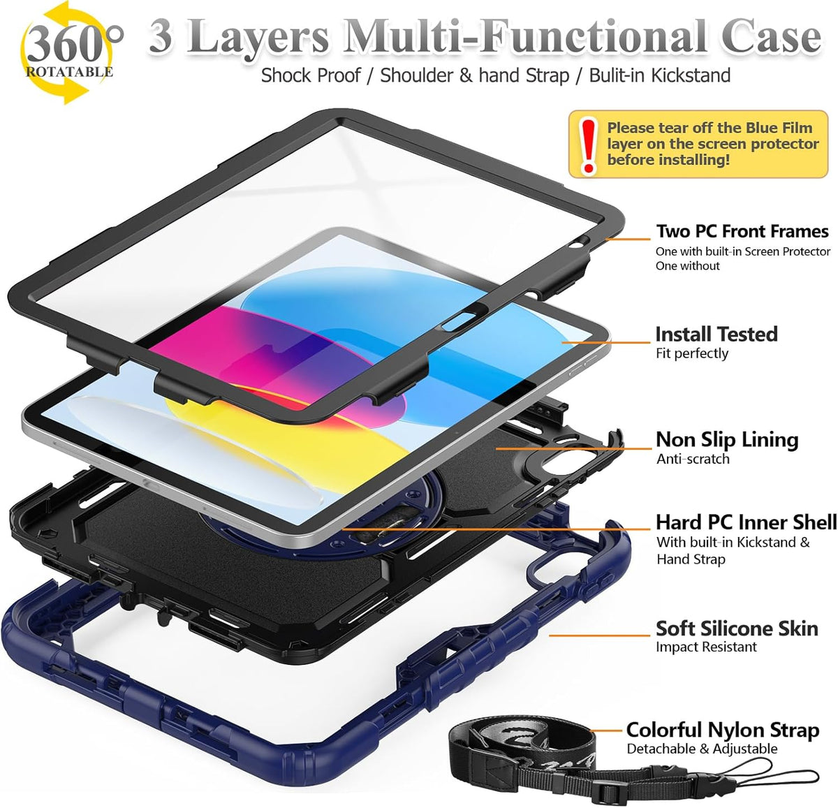 SEYMAC stock Case for iPad (A16) 11th/10th Generation 11''/10.9'' 2025/2022, Full-Body Drop Protection Case with Screen Protector &360° Rotate Hand Strap/Stand, Navy Blue