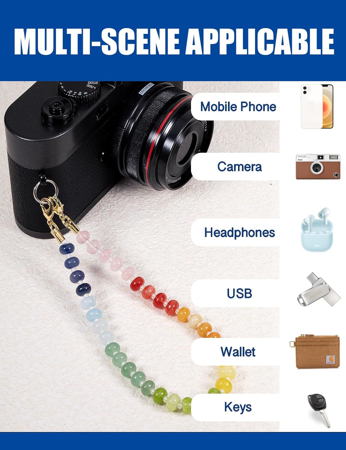 Handmade Natural Gemstone Crystal Beaded Charm Cell Phone Camera Lanyard, Hands-Free Wrist Strap, Phone Chain String, Keychain Decor for Walle (Rainbow)