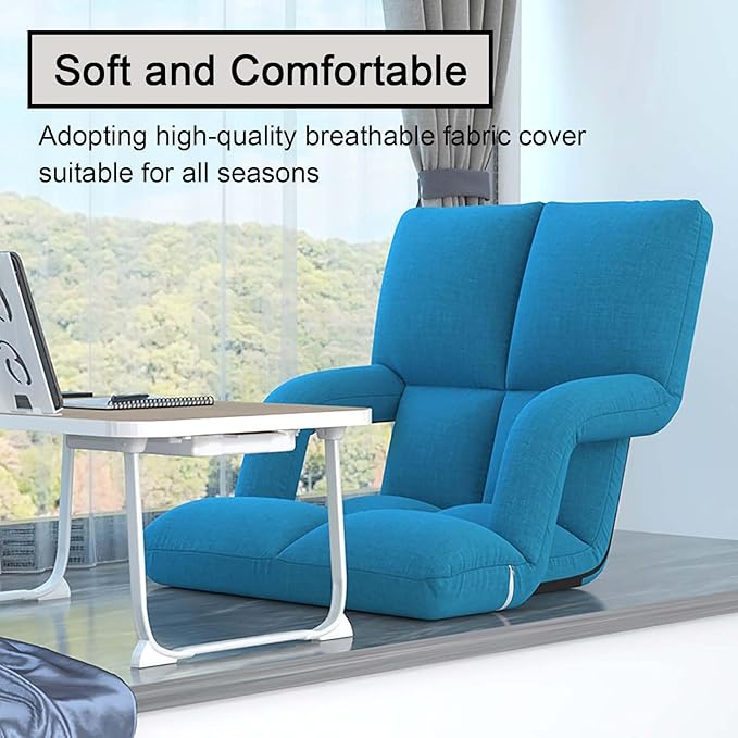 Adjustable 6-Position Floor ChairLazy Sofa Chair with Back SupportFolding Chaise Lounge Sofa Chair with ArmrestPadded Comfy Recliner Gaming Chairs for Living Room Bedroom (Grey)