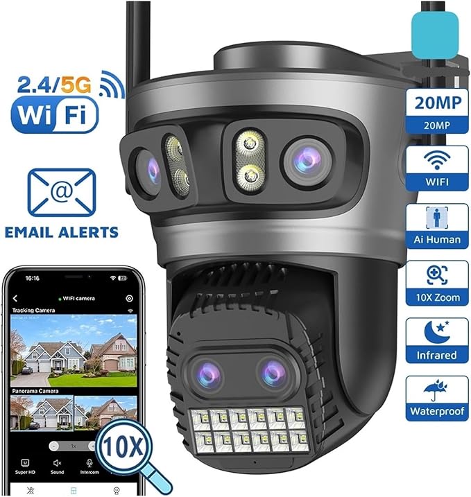 16MP WiFi Camera IP PTZ Three Screen 180° Wide Angle Auto Tracking 10X Digital Zoom 20MP Security Protection(EU Plug16MP NO SD Card)