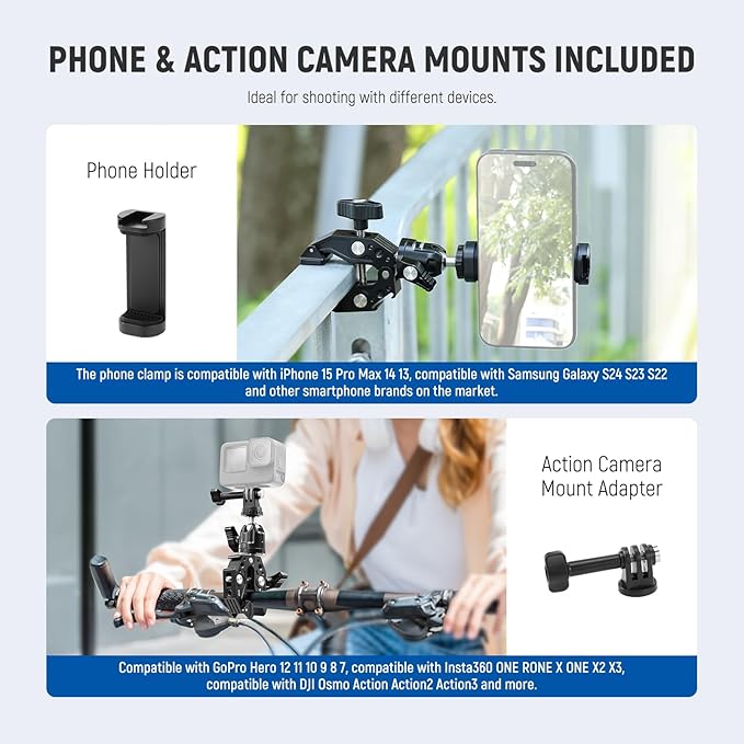 NEEWER ST87 Super Clamp Camera Mount with 360° Ball Head, Phone Holder, Cold Shoe, Action Camera Adapter for Bike Handlebar Pole Desk, Compatible with DJI Osmo Pocket 4 3 Xtra Muse GoPro Hero iPhone