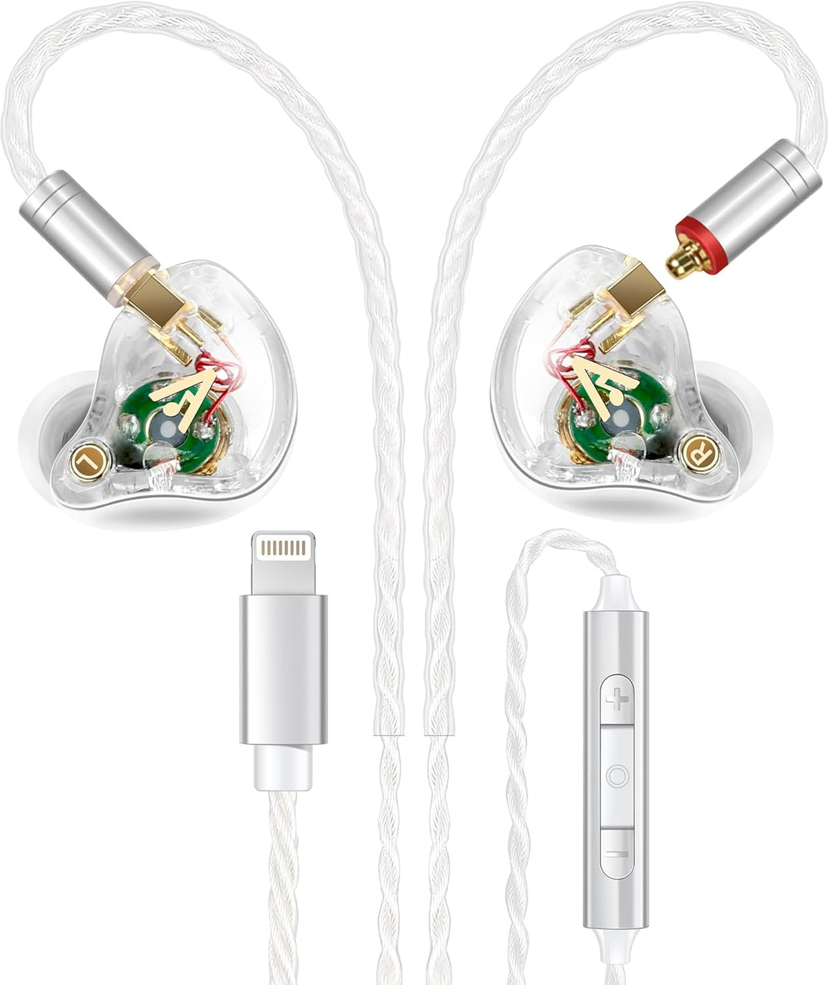 Vibes 202ML Wired Earbuds - HiFi in Ear Headphones - Noise-Isolating Ear Buds w/ Mic - Clear Sound, Deep Bass, Comfort-Fit Earphones - MMCX–Lightning for iPhone 5–14, Silver Plated Cord, Carrying Case