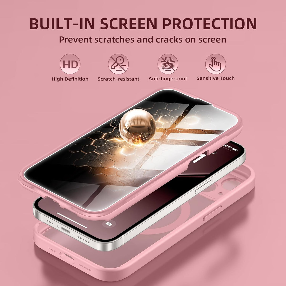 BERFY Magnetic for iPhone 14 Case, Compatible with MagSafe, Built-in Privacy Screen Protector and Upgraded Camera Protection, Anti-Spy Full Body Shockproof Phone Case for 14 6.1", Pink