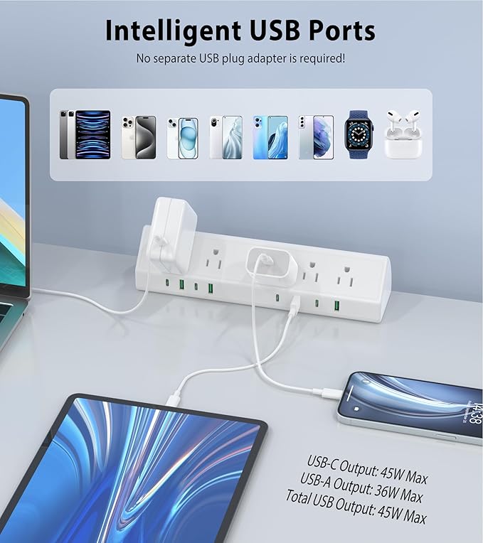 Jgstkcity Desk Clamp Power Strip USB C 45W,8 USB,10FT Cable,White