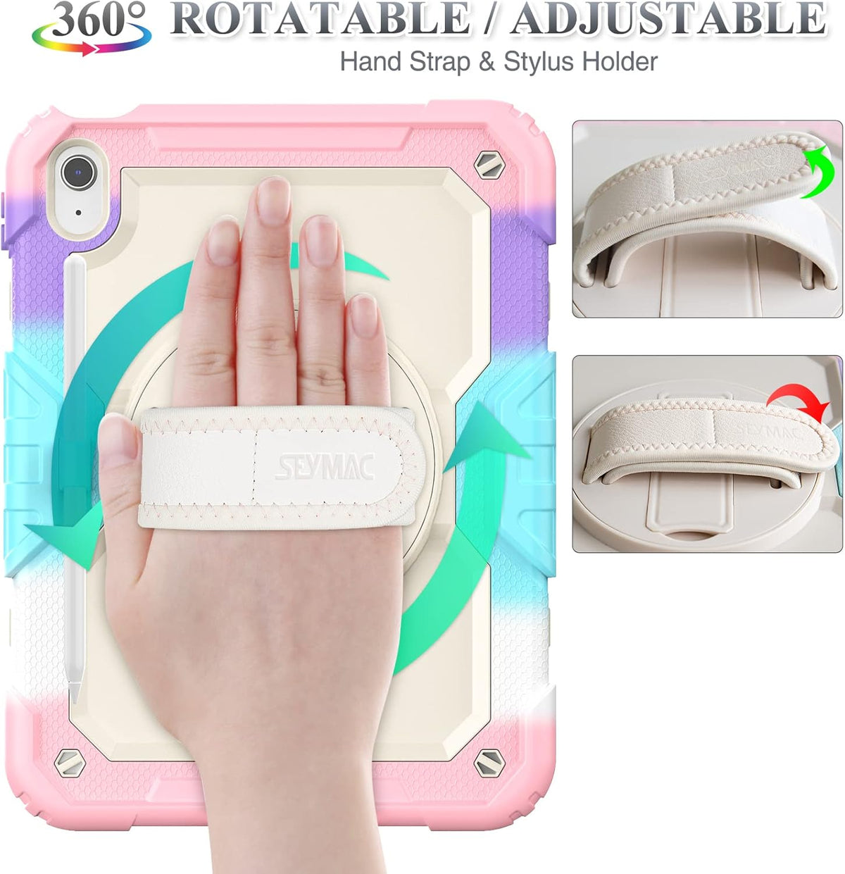 SEYMAC stock Case for iPad (A16) 11th/10th Generation 11''/10.9'' 2025/2022, Full-Body Drop Protection Case with Screen Protector &360° Rotate Hand Strap/Stand, Yellowish+Pink