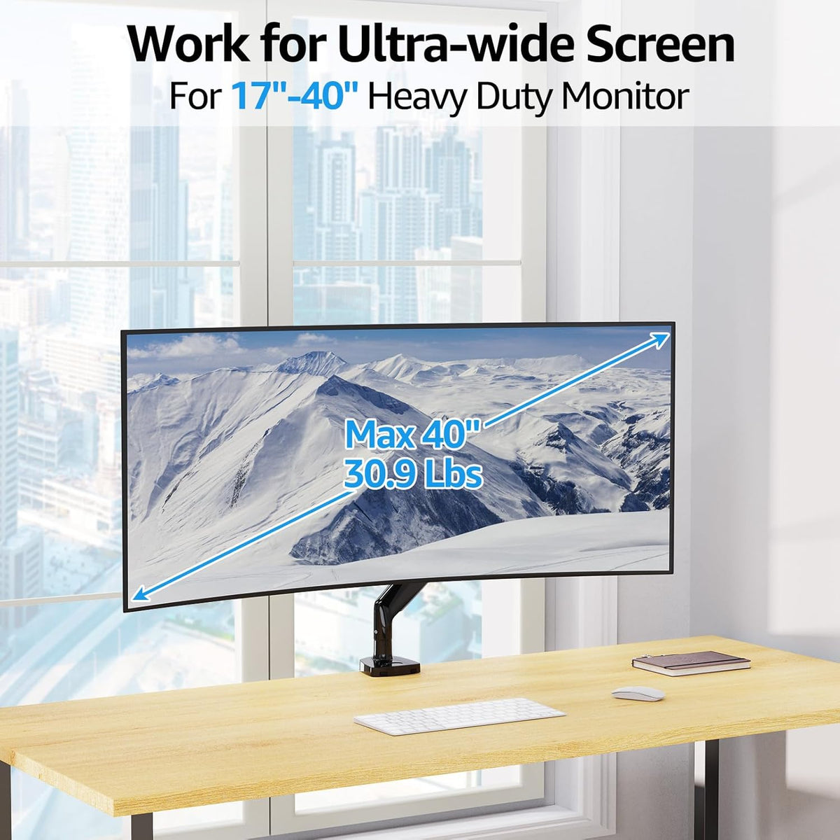 MOUNTUP Ultrawide Monitor Arm for Max 40 Inch Screen, Heavy Duty Monitor Desk Mount Support 6.6-30.9lbs, Gas Spring Computer Monitors Stand for Desk, VESA Mount with Clamp & Grommet Base