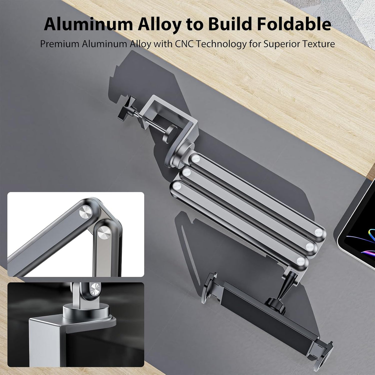 Tablet Stand for Desk, Aluminum Alloy Foldable Tablet Arm Mount Holder Compatible with iPad 10/9th, iPad Pro Air 13/11inch (2024), Mini, Samsung Galaxy Tab & More 7-15.6'' Tab Portable Monitor