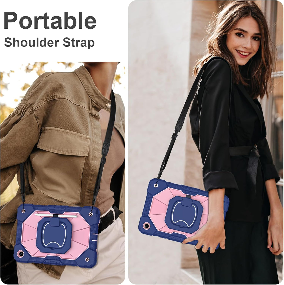 for Galaxy Tab A9 Plus Case 11 Inch, Rugged Case for Samsung Galaxy A9+ Tablet with Screen Protector 360 Rotating Stand Shoulder Strap Pen Holder, 2023 Model(SM-X210/X216/218), Navy Rose