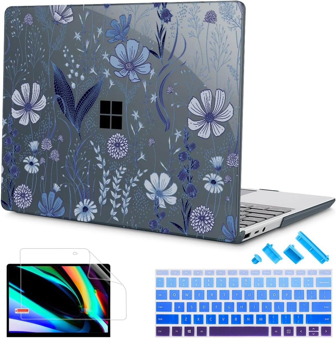Tuiklol Case for 15 Inch Microsoft Surface Laptop 5/4/3 2022-2020, Model 1979/1953/1872/1873 Hard Shell Cover, Keyboard Cover+Screen Protector+Dust Plugs,Blue Line Floral