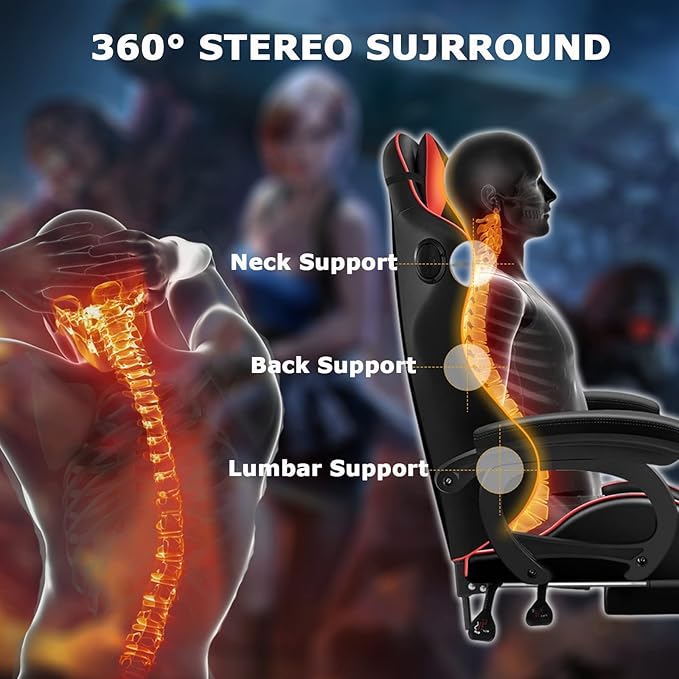RGB Gaming Chair with Speakers Ergonomic Massage Computer Chair with Footrest Lumbar Support Headrest PU Leather 360°Swivel Recliner Chair High Back Video Game Chair for Adult TeensWhite