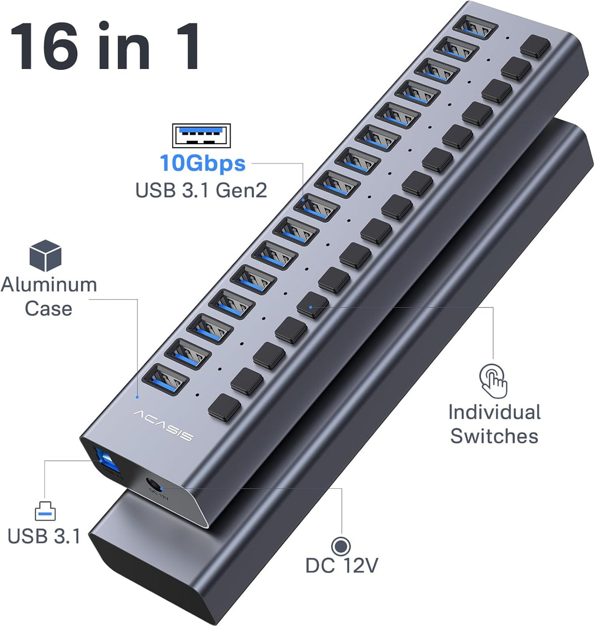 Powered USB 3.1 Hub, ACASIS 16 Ports USB 3.1 Hub with 10Gbps Data Speed，Aluminum Housing, USB Hub Powered with 96W Power Adapter, USB Hub for PC/Laptop, Computer, Flash Drive, Printer, Camera