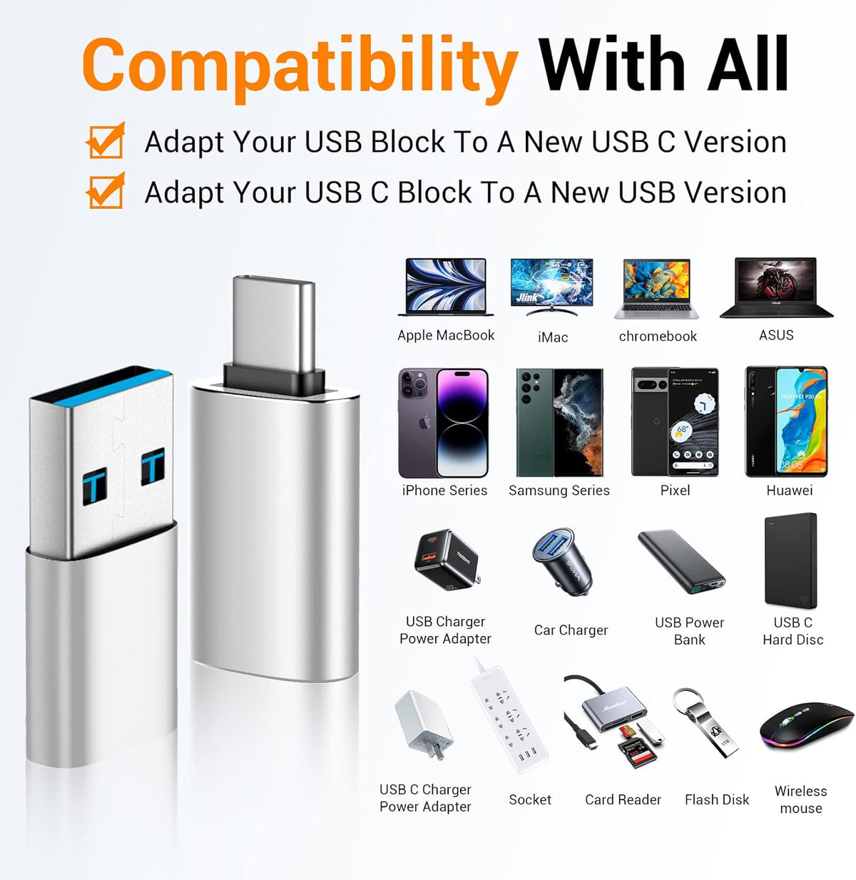 𝟒𝐏𝐚𝐜𝐤 𝐔𝐩𝐠𝐫𝐚𝐝𝐞𝐝 USB to USB C Adapter,USB C Male to USB 3.0 Female OTG Converter for iPhone 16 15 14 13 Plus Pro Max,Apple Watch,Airpods,S24 Ultra, Gender Changers OTG Adapters - Silver
