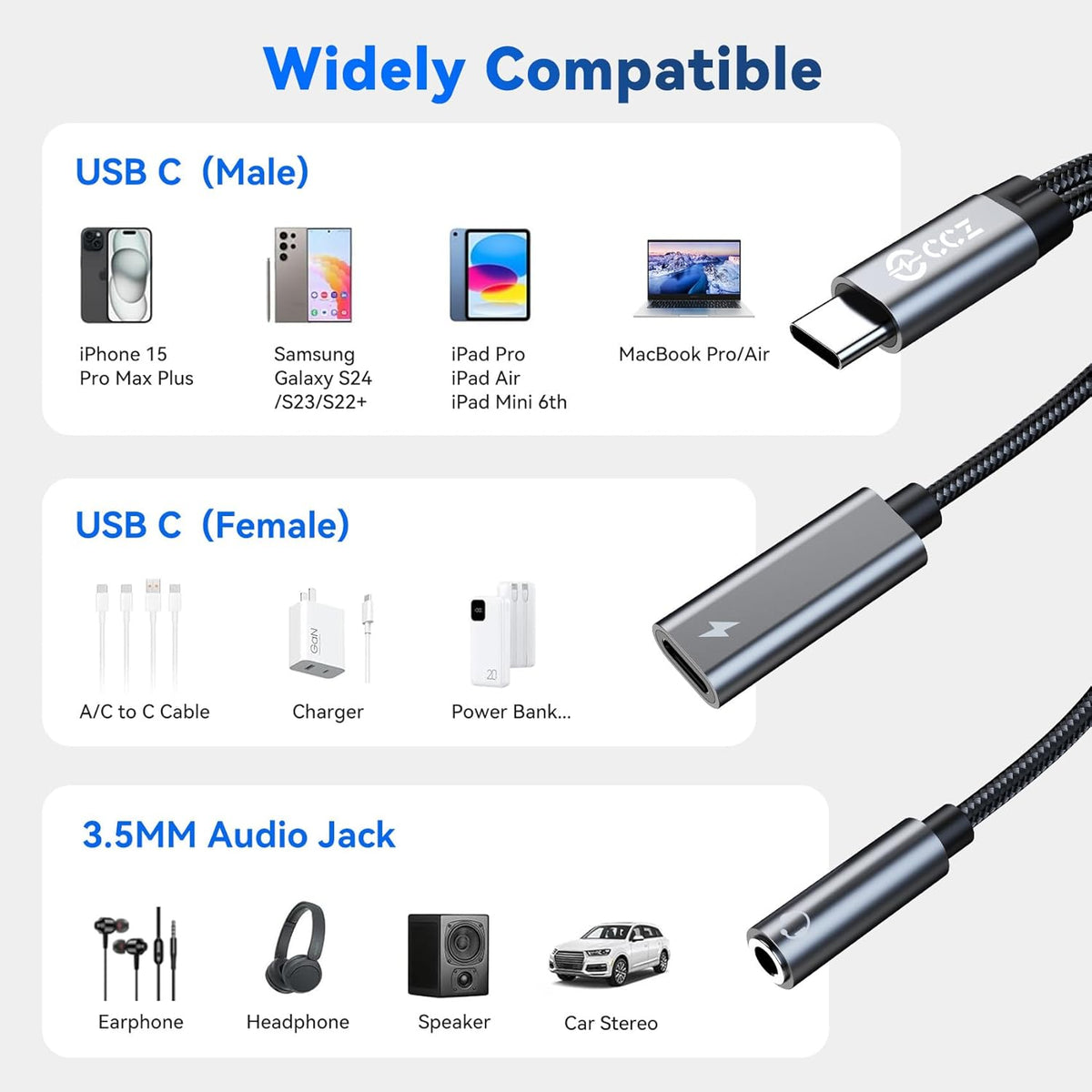 3PCS USB C Splitter for KZ ZS10 PRO, CCZ CA01 USB C to 3.5mm Audio Headphone and Charger Adapter, Type C Headphone Splitter 1 in 2 Out, Dongle Audio Cable DAC for Samsung Galaxy S25/S24 (USBC-3.5MM)