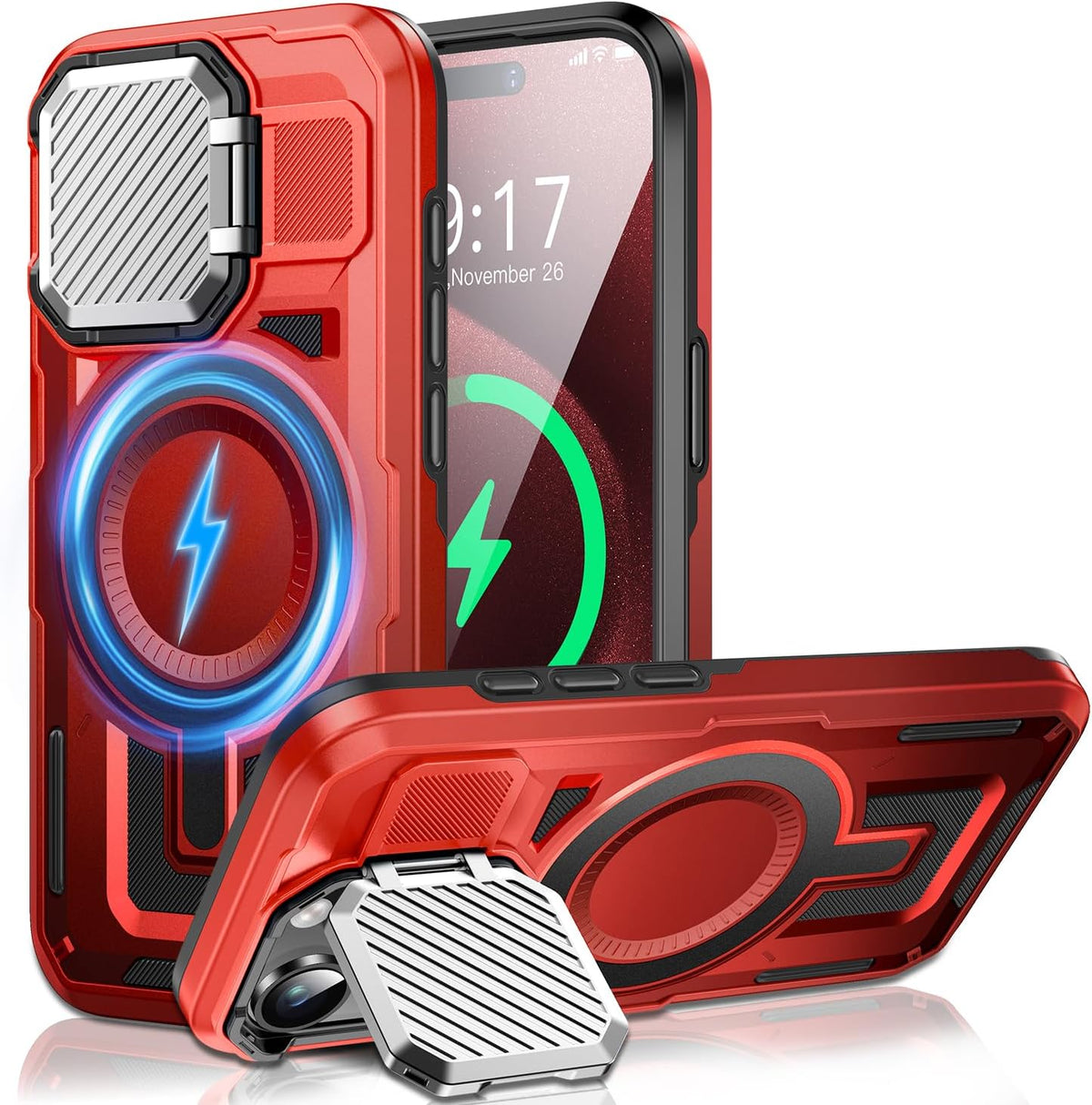 Camera Stand Case for iPhone 15 Pro, [Compatible with MagSafe] [Lens Cover] 2024 Version Military Grade Protective Soft Case for iPhone 15 Pro 6.1 inch Men Women, Red