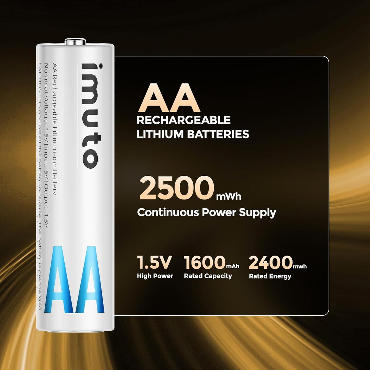 imuto 2500mWh 4 Pack, 1.5V 2A 1600+ Rechargeable aa Batteries, aa Lithium Batteries Output Double a Battery, Cycle Life