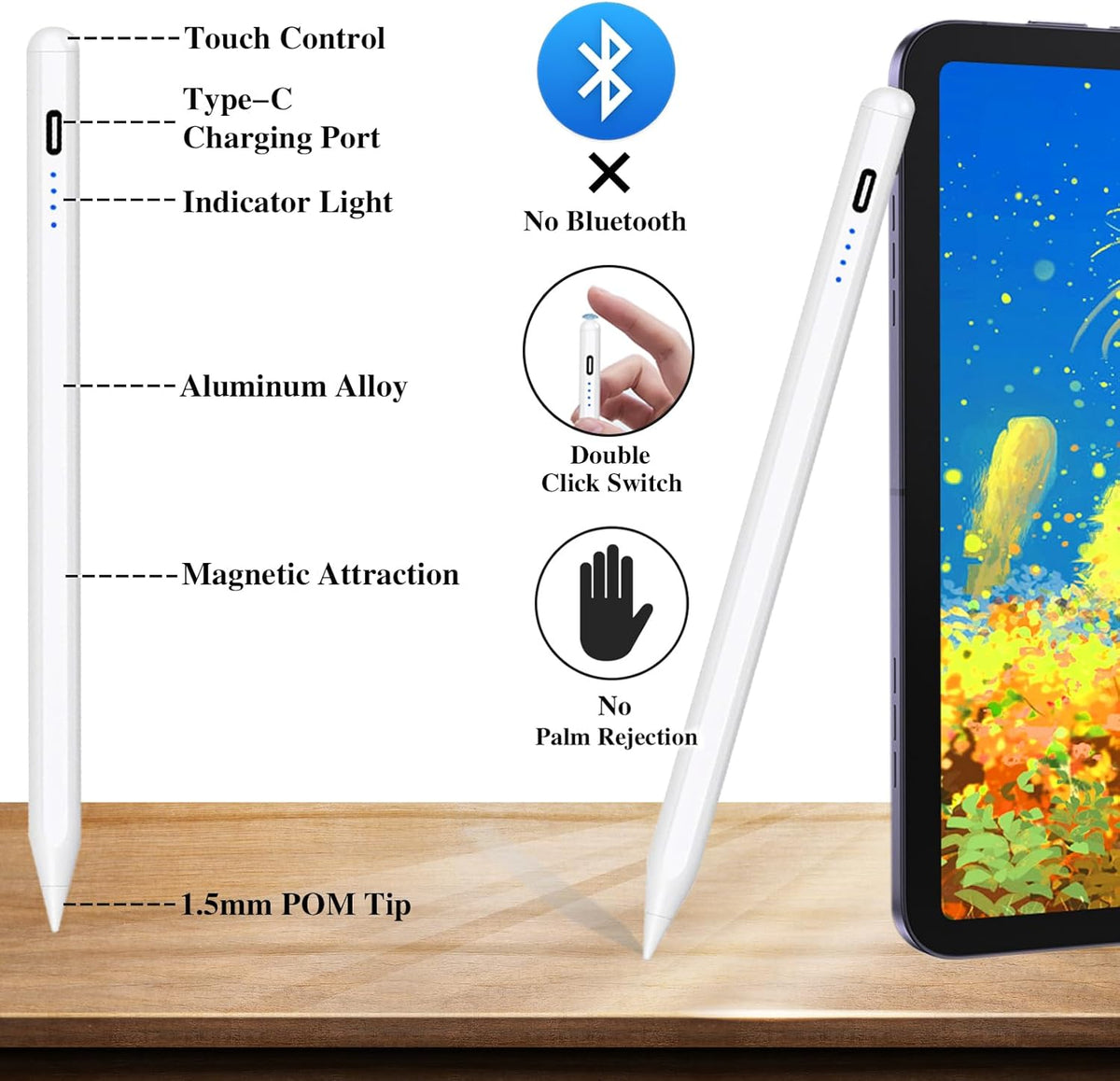 Stylus Pens for Touch Screens POM Tip Magnetic iPad Pencil Rechargeable Tablet Pencil Active Stylus Pen for iPad/Pro/Air/Mini/iPhone and Other Smartphone Devices