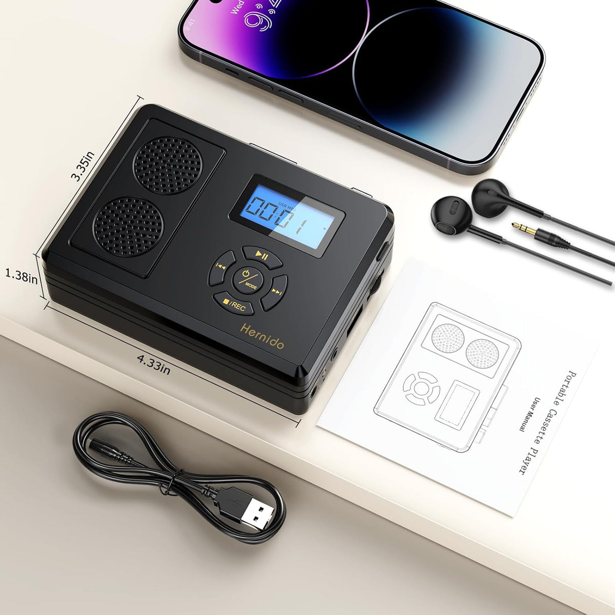 Hernido Cassette Player/MP3 Portable Tape Player, FM Radio/USB Digital Converter, Built-in Dual Stereo Speaker