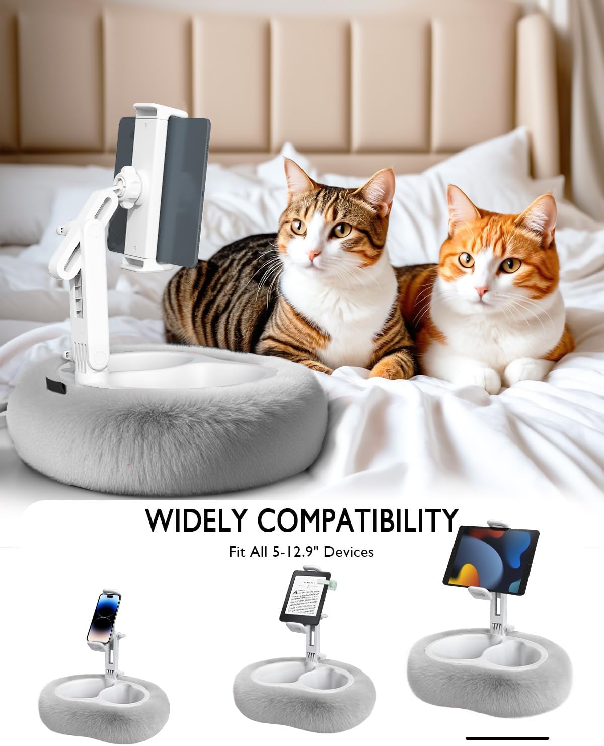 Tablet Pillow Stand, Compatible with 4.7"-12.9" Kindle, iPad, Phone/Tablet, Google, 360° Rotating Phone Holder for Bed, Detachable Bowl, Reading and Relaxation on Bed, Gray, Large (Faux Fur Pillow)