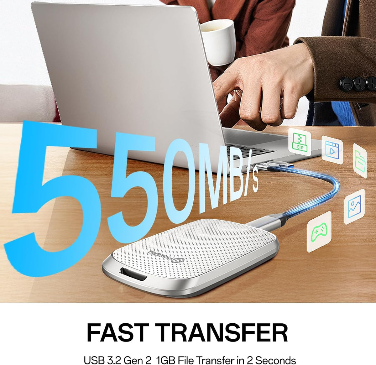 PHIXERO P5PLUS Portable SSD 2TB Up to 550MB/s, USB 3.2 Gen 2 External Solid State Drive，USB C to C&A for Smartphone，Tablet，PC，Labtop (White)