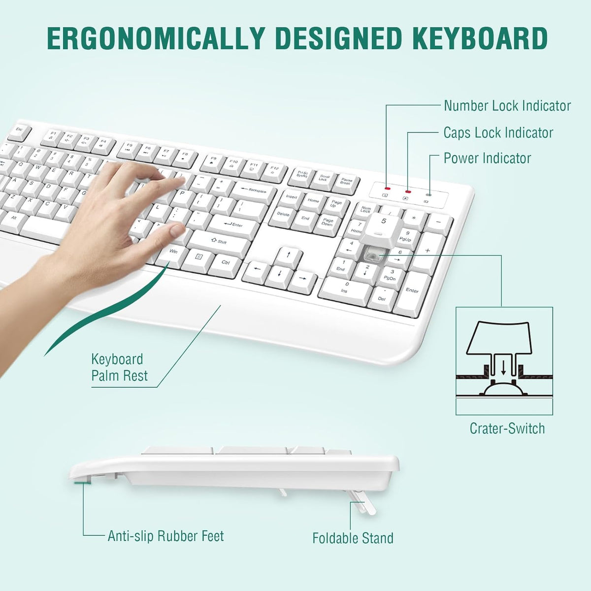 EDJO Wireless Keyboard, 2.4G Ergonomic Full Size Wireless Computer Keyboard with Wrist Rest for Windows, Mac OS Desktop/Laptop/PC（White）