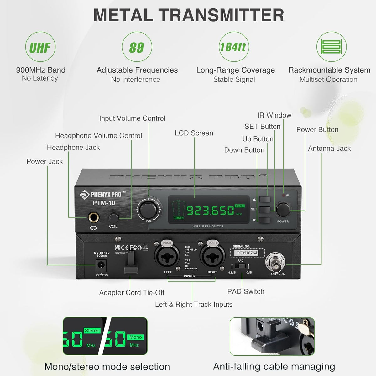 Phenyx Pro Wireless in Ear Monitor System, True Stereo UHF IEM, in Ear Monitors for Musicians, Metal Stage Monitor w/ 89 Frequencies, Rack Mount, for Studio/Band (2 Bodypacks with Transmitter)