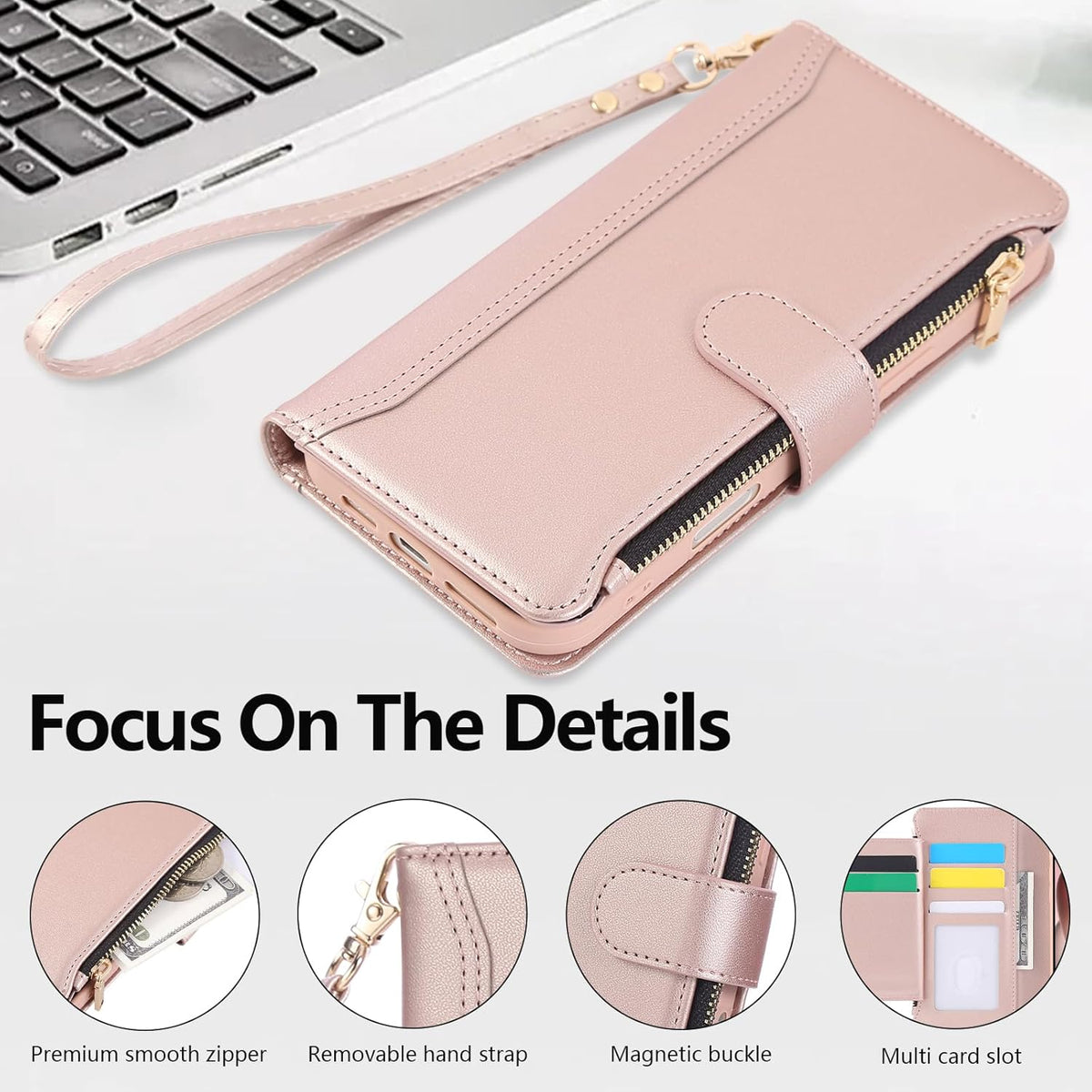 Compatible with iPhone 16 Pro Max Wallet Phone Case-PU Leather Magnetic Flip Cover with Credit Card Slots,Zipper Pocket & Detachable Wrist Strap,Shockproof Design,for Women and Men-Pink