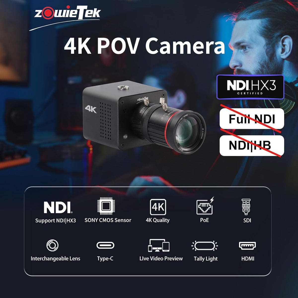 4K Native NDI|HX3 POV Box Camera PoE, Simultaneously HDMI & SDI Output, RTSP/RTMP(s)/SRT, Standalone Live Streaming to YouTube/Facebook/Twitch for Webcast, Meeting, Teaching & Gaming (CS)