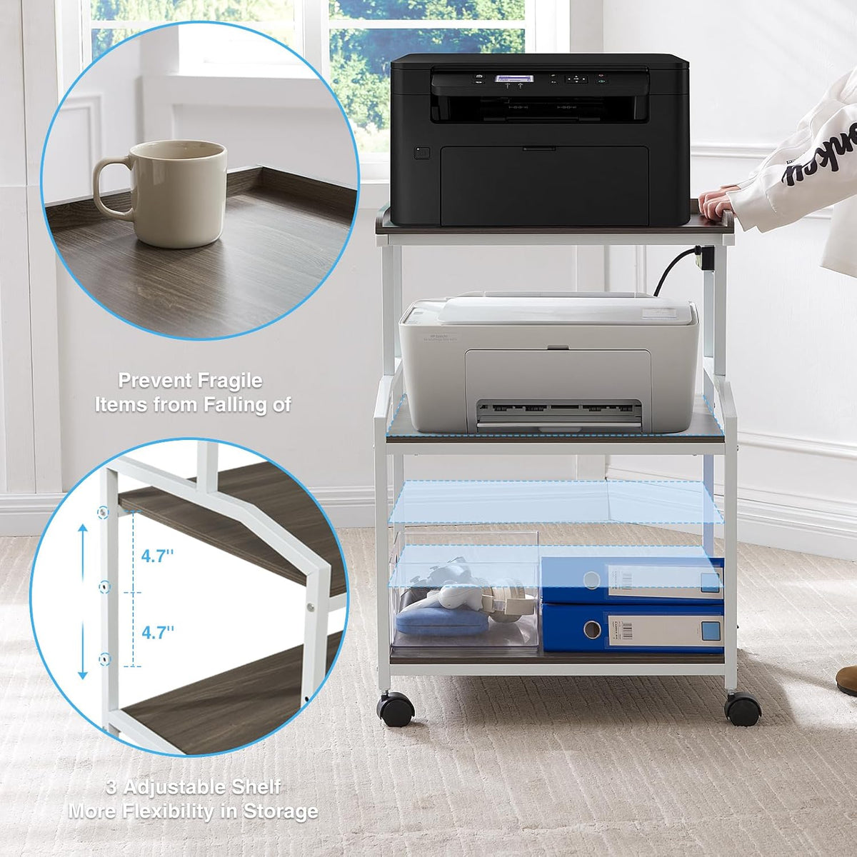 Lauren&Harold 34'' Printer Stand with Power Outlets & USB Ports, 3-Tier Adjustable Rolling Cart, Heavy Duty 150LBS Storage Table with Wheels for Office, Kitchen, Living Room, Grey/White