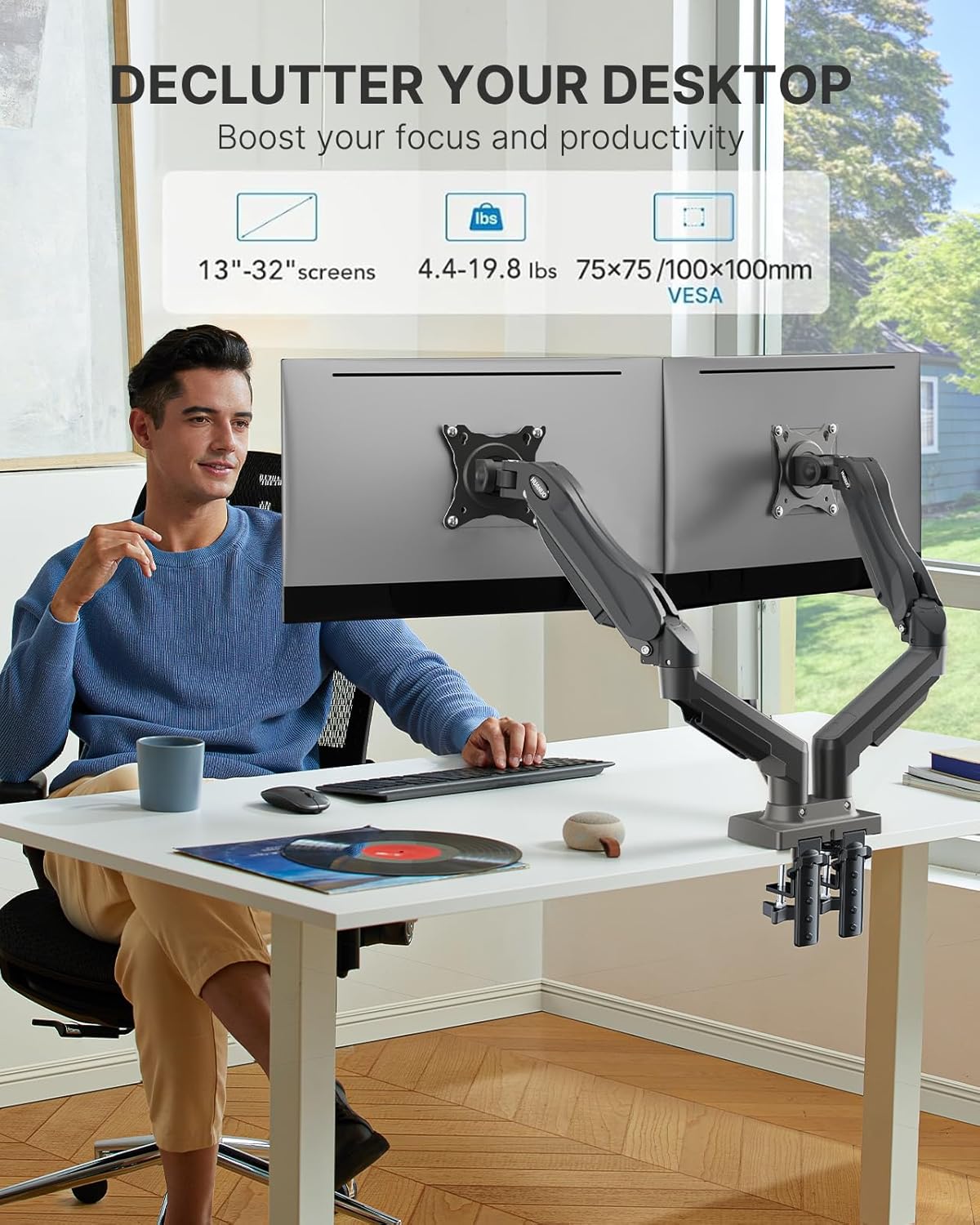 HUANUO Dual Monitor Stand - Full Adjustable Monitor Desk Mount Swivel Vesa Bracket with C Clamp, Grommet Mounting Base for 13 to 32 Inch Computer Screens - Each Arm Holds 4.4 to 19.8lbs -Grey