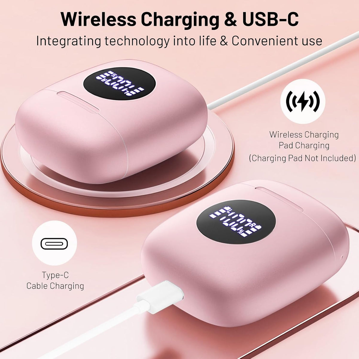 50H IPX7 Wireless Earbuds, Bluetooth Headphones with HiFi Stereo Noise Cancelling Mic, USB-C Charging Case, Playtime