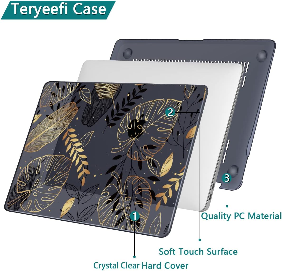 Teryeefi for MacBook Pro 13 inch Case M2 M1 2022 2020-2016 Release (Model A2338 A2289 A2251 with Touch Bar), Plastic Hard Shell Case & Keyboard Cover & Screen Protector, Golden Palm Leaves